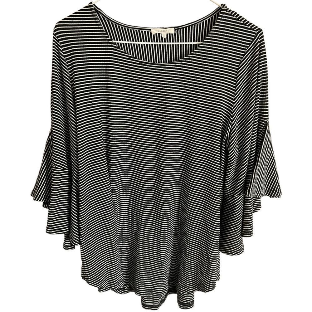 PLEIONE - women's black strip bell ruffle sleeve medium